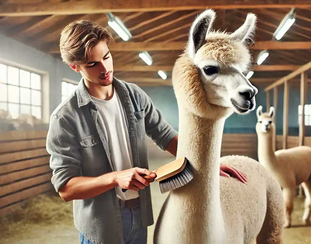 Farmer-Grooming-a-Calm-Llama-in-a-Sunlit-Barn